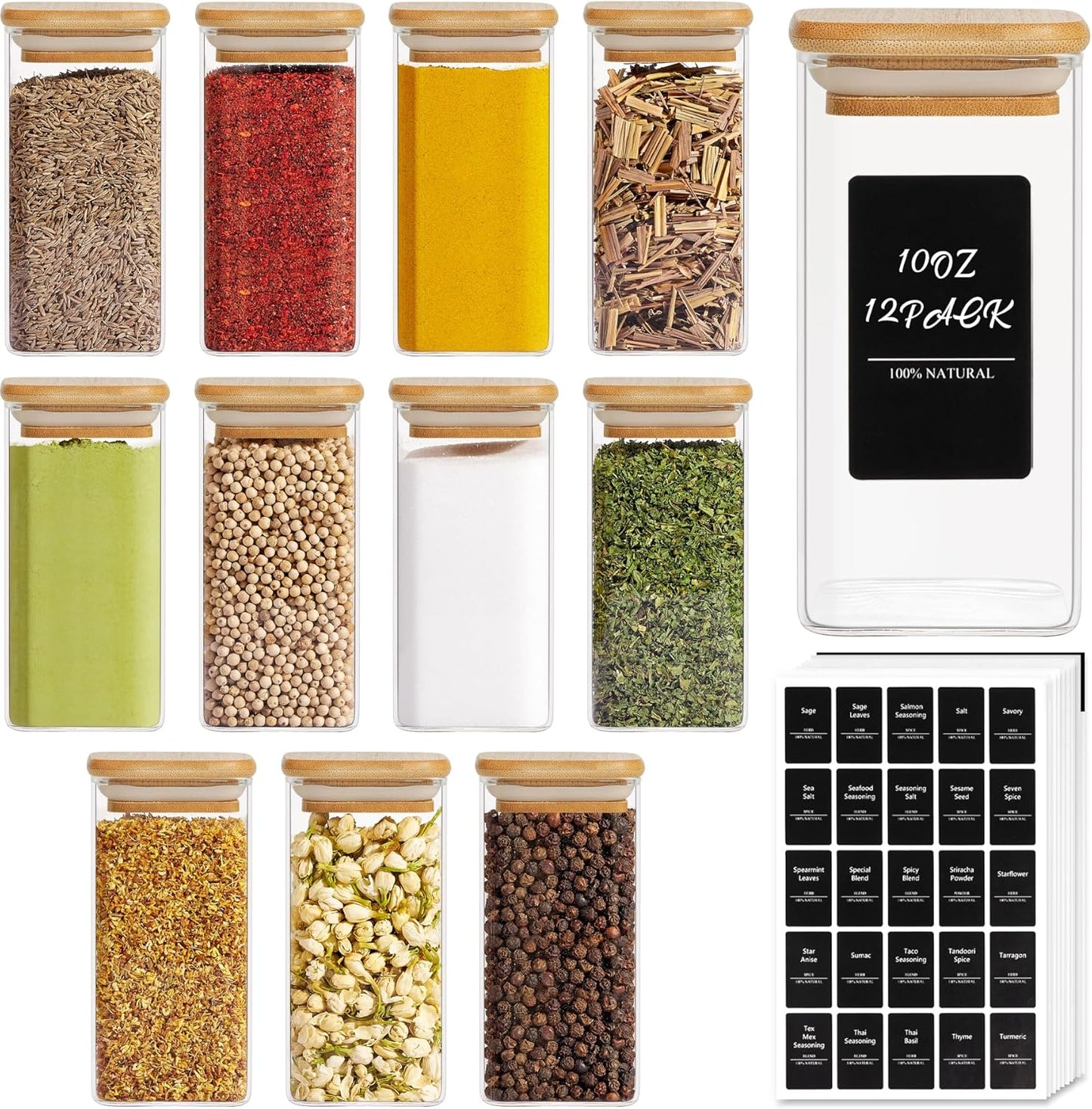 12 Pcs Glass Spice Jars with Bamboo Lids, 4Oz/120Ml Square Glass Storage Jars with 275 Black Lables, Airtight Spice Jars with Lids, Glass Container for Spice, Salt, Sugar, Seeds, Nuts Etc