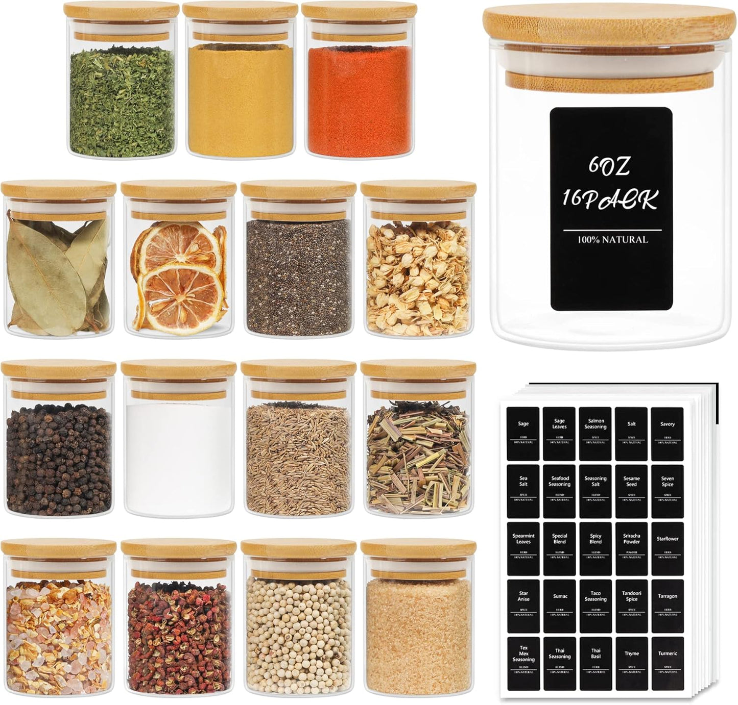 12 Pcs Glass Spice Jars with Bamboo Lids, 4Oz/120Ml Square Glass Storage Jars with 275 Black Lables, Airtight Spice Jars with Lids, Glass Container for Spice, Salt, Sugar, Seeds, Nuts Etc