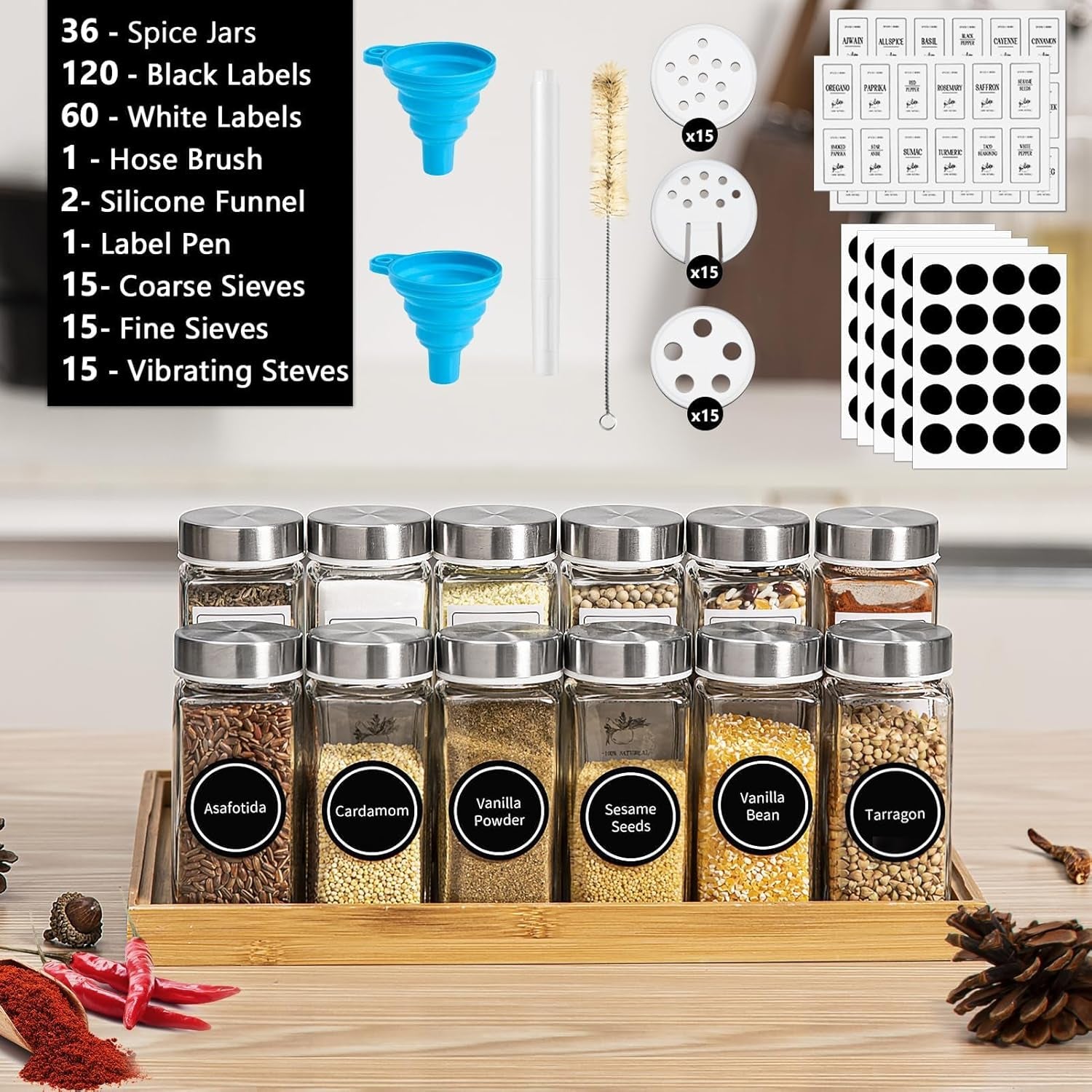 36 Pack Spice Jars with Square Stainless Steel Lids, 120Ml Kitchen Spice Containers with Label , Pen, Hose Brush, 2 Silicone Funnels, for Home Kitchen Spice, Seasonings, Condiments, Herbs Storage