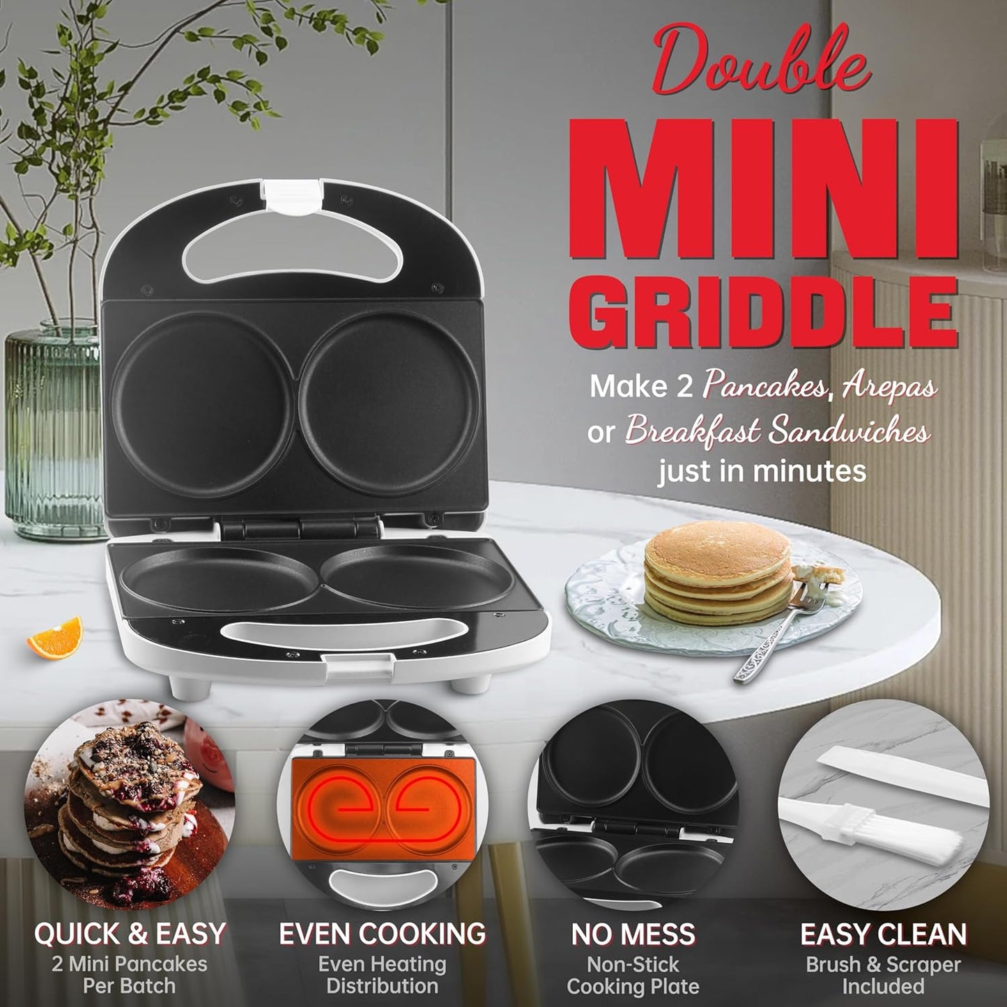 Double Mini Pancake Maker Machine, Arepa Maker, 2 X 4-Inch Electric Pancakes Maker Griddle, Ideal for Pancakes, Cookies, Eggs, Arepas & Breakfast Sandwiches, 230V, UK Plug, White