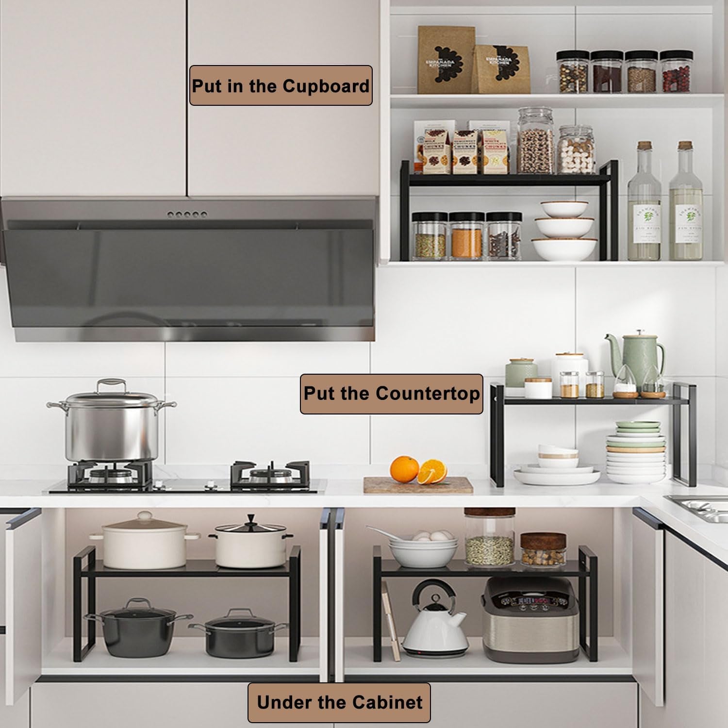 Extendable Kitchen Cupboard Shelf Expandable Storage Rack Shelf Kitchen Shelf Organiser,Spice Racks,Cupboard Shelf，Suitable for Home and Kitchen Storage,1 Pack Black