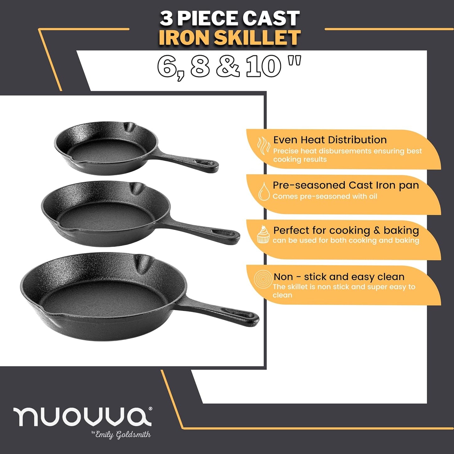 Pre-Seasoned Cast Iron Skillet Frying Pans Oven Safe Cookware for Indoor & Outdoor Use - Grill, Stovetop, Black (3-Piece Chef Set 6-Inch 15Cm, 8-Inch 20Cm, 10-Inch 25Cm)