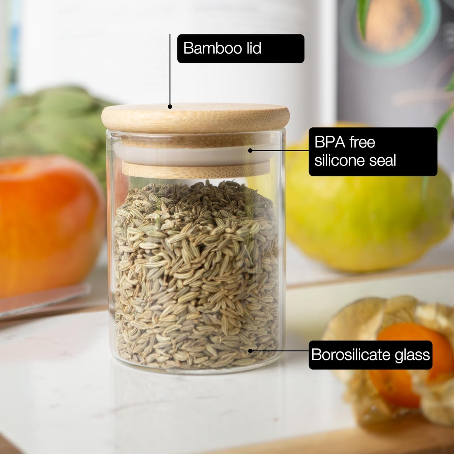 12X Spice Jars with Lids and Labels - 4.4Oz/125 Ml - Glass Spice Jars with Bamboo Lids with 12 X Labels and 1 X Chalk Pencil - Spices Jars - Seasoning Jars