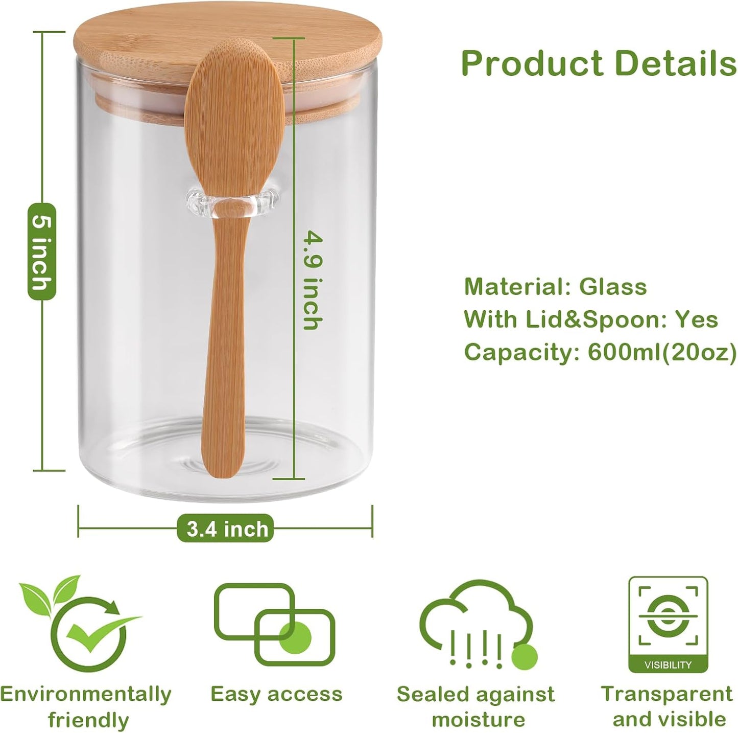 3 Pcs Glass Jars with Airtight Lid and Spoon,Overnight Oats Containers with Bamboo Lids,Glass Food Storage Canisters Yogurt Containers for Coffee Beans,Tea,Flour,Candy,Salts & More（20 Oz/600Ml）